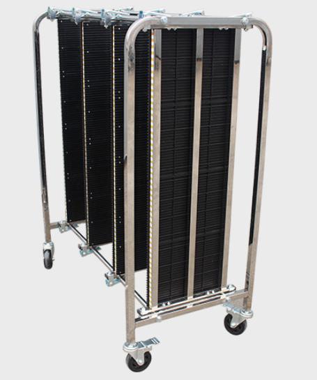 Anti-static ESD plate and metal pressure buckle detail on the PCB turnover cart